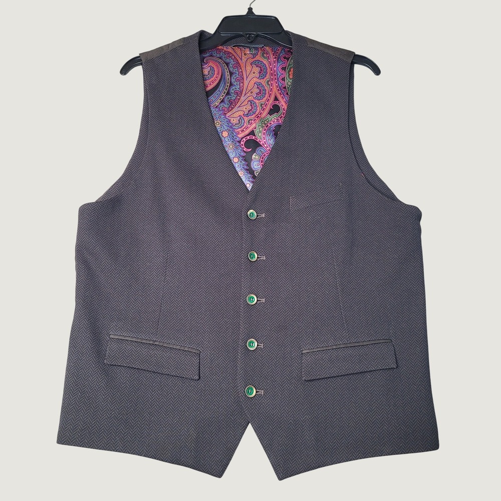 Robert Graham Mens Herringbone Vest Brown Paisley Lining Waistcoat XL